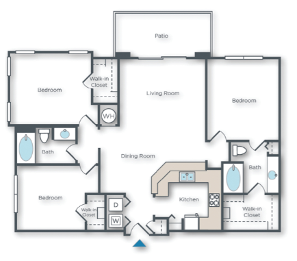 Floor plan for 3 beds, 2 baths, 1359 sqft